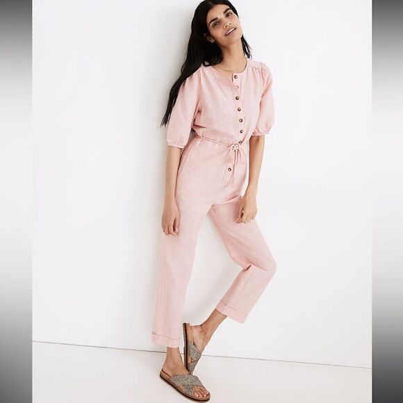 Madewell Linen Blend Puff Sleeve Tassle Tie Jumpsuit in PINK Size M - Picture 1 of 8